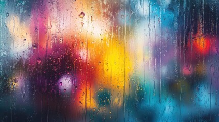 Poster - Raindrops streak down a window, creating a blurred effect with colorful lights in the background, forming an artistic and dreamy scene that evokes a sense of calm and introspection