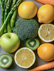 Poster - Fresh fruits and vegetables including green apple, broccoli, kiwifruit, oranges, and lemons arranged beautifully. This vibrant display showcases healthy eating and nutrition
