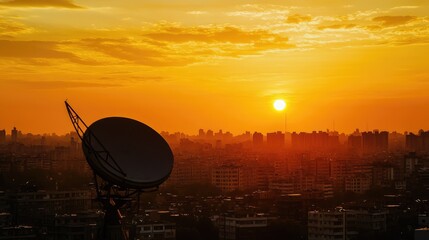 Poster - Satellite dish silhouetted against a golden sunset over an urban cityscape, with rows of residential buildings stretching into the distance, creating a nostalgic and urban aesthetic