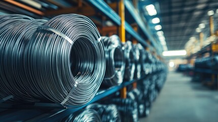 Poster - Shiny metal wire coils neatly stored in a warehouse, capturing the industrial environment and showcasing precision and organization in wire manufacturing