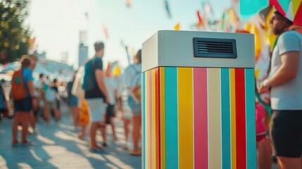 Poster - Solar-powered waste bin in a busy festival setting, featuring a colorful striped design and a crowd in the background, promoting sustainability in urban events