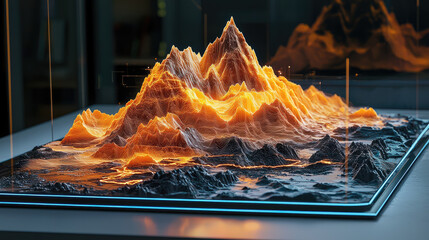 Aufkleber - stunning holographic terrain visualization showcases mountain range with vibrant orange and yellow peaks, set against dark background. intricate details and glowing lines create captivating 3D