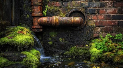 Poster - Weathered metal drainage pipe with moss growing around it, releasing water into a small stream beside a brick wall, capturing the blend of nature and industrial charm