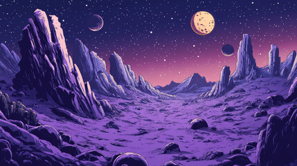 Space background with landscape of alien planet with craters and crack. Vector cartoon fantasy illustration of purple galaxy sky with moon and ground surface with rocks