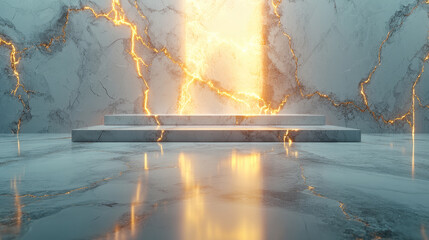 Poster - stunning interior scene featuring marble platform illuminated by glowing, golden light. walls are adorned with intricate marble patterns, creating luxurious and ethereal atmosphere