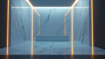 Poster - modern, minimalist interior featuring sleek marble walls and floor, illuminated by soft, ambient lighting. space exudes serene and luxurious atmosphere, perfect for relaxation