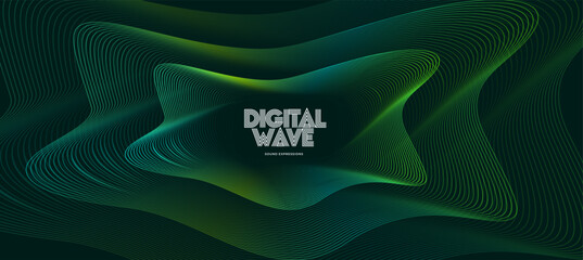 Poster - Abstract flowing waves made of glowing curved green lines on dark background, symbolizing data, music, or digital movement. Sound wave visual, tech concept art. Futuristic vector illustration