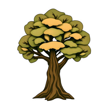 A digital illustration of a tree of life symbol, a root within a circle, rendered in layered paper cut style with sculpted textures art illustration design