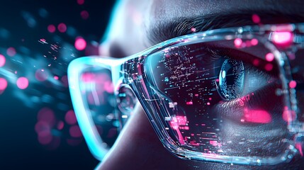 Poster - Abstract high-tech mixed reality vision, seamless blending of digital and real-world elements, volumetric lighting contrasts, neon cyberpunk hues, interactive holographic overlays, glitch