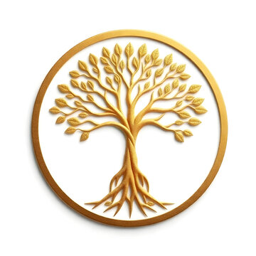 A digital illustration of a tree of life symbol, a root within a circle, rendered in layered paper cut style with sculpted textures art illustration design