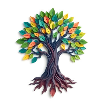 A digital illustration of a tree of life symbol, a root within a circle, rendered in layered paper cut style with sculpted textures art illustration design