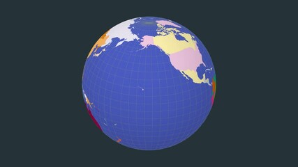Poster - Rotating globe. Slanted sphere view. Slow speed globe rotation. Colored countries style. World map with dense graticule lines on neutral background. Energetic animation.