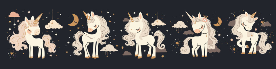 Wall Mural - A set of flat vector illustrations in a simple childish style. Cute unicorns and pegasi on dark background, clouds and stars. Vector illustration