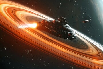 Wall Mural - a futuristic spacecraft explores space near a luminous cosmic ring