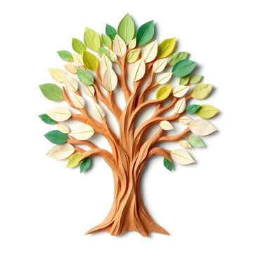 A digital illustration of a tree of life symbol, a root within a circle, rendered in layered paper cut style with sculpted textures art illustration design