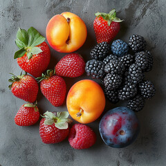 Poster - Fresh fruits arranged beautifully, including strawberries, apricots, blackberries, raspberries, and plums, create vibrant and colorful display that evokes sense of health and vitality