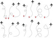 © Asia - Airplane line paths icon set. Aircraft tracking planes, travel, map pins, location pins vector collection isolated on transparent background. Romantic travel, heart dashed line trace and plane routes.