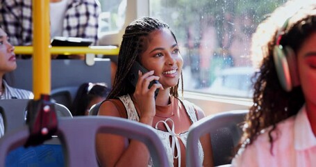 Aufkleber - travel, woman and smile in bus, phone call and journey to university in morning, student and vehicle