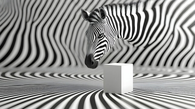 Zebra Head Gazing at White Cube Against Black and White Striped Background