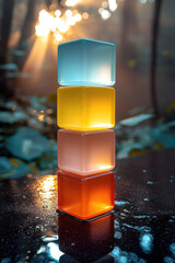Poster - Colorful stacked blocks create vibrant display, showcasing shades of blue, yellow, orange, and red. soft sunlight filters through trees, enhancing serene atmosphere