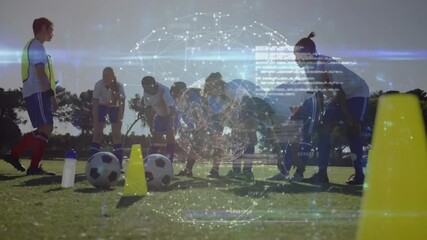 Poster - Practicing on field, soccer players with animation of digital network data
