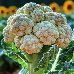Poster - Fresh cauliflower with vibrant green leaf base, showcasing its intricate florets. This healthy vegetable is perfect for various dishes, adding nutrition and flavor to meals