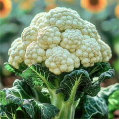 Poster - Fresh cauliflower with vibrant green leaves stands prominently garden setting, surrounded by sunflowers. This captures beauty of organic produce, showcasing its intricate texture and natural