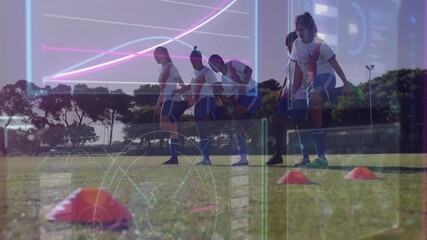 Poster - Soccer players training on field with digital data overlay animation