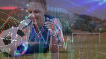 Poster - Holding ball, soccer player with financial data and animation overlay in scene