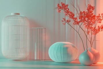 Poster - Decorative arrangement with vases and flowers in soft light for modern interior decor