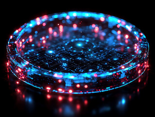 Poster - Stunning futuristic disc, glowing with vibrant blue and red energy.  Perfect for tech, innovation, AI, and digital concepts.  Represents data flow, connectivity, or a network hub.