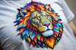 © renuga sachan - Macro Close-up of Lion Head Mascot on T-Shirt, Sticker Detail, Textile Fabric