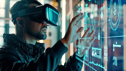 Poster - Wearing a virtual reality headset, a man explores interactive digital panels in a contemporary tech space, fully engaged in a virtual experience.