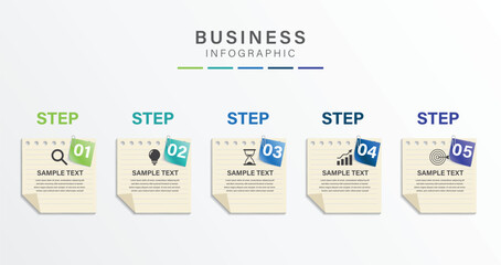 Wall Mural - 5 step business infographic with note paper design vector.