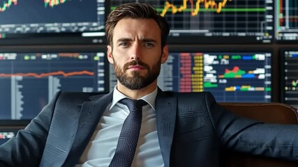 Poster - A focused businessman in formal attire sits comfortably in a brown leather chair. The background shows stock market data, reflecting a serious business atmosphere. AI