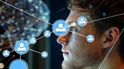 Poster - A young man focuses intently on digital connections surrounding him, immersed in thoughts about technology and innovation in a modern setting that enhances creativity.
