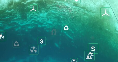 Poster - Animation of environmental icons overlaying ocean waves, highlighting sustainability concepts