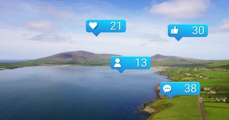 Poster - Animation of social media notifications floating over coastal landscape with mountains