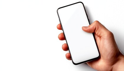 Hand holds smartphone. Person scrolls blank display screen using thumb finger. Modern tech device isolated on white background. Image shows hand use touch screen. Suitable for advertisement