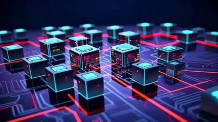Poster - A vibrant digital landscape showcases interconnected computer chips and circuitry, pulsating with light and color, symbolizing advanced technology and innovation in computing.