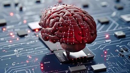 Poster - A detailed depiction of a brain placed on a microchip, illustrating the profound connection between cognitive science and technological advancement in today's digital age.