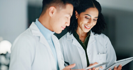 Poster - Tablet, research and scientists in laboratory at night for medical discussion with pharmaceutical discovery. Meeting, digital technology and science team with online report for healthcare innovation.