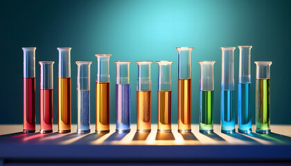 Aufkleber - Colorful test tubes filled with various liquids arranged in a row, casting shadows against a softly lit background