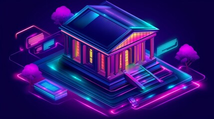 Poster - Neon Fintech Cityscape Neoclassical Bank Building in Digital Transformation of Financial Services