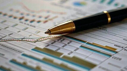 Poster - A sleek pen rests on a detailed financial report filled with bar graphs and charts, reflecting analysis and planning in a professional environment.