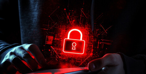 Aufkleber - Hacker in a black hoodie with a digital padlock and code on a dark background, a security concept. 
