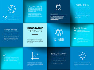 Poster - A modern infographic template featuring a blue grid layout with text boxes, icons, and statistics. Perfect for presenting data, business insights, or summary reports in a professional style.