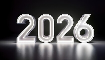 Poster - minimalist illuminated 2026 typography on black background, futuristic glowing white numbers, modern new year celebration design

