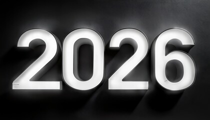 Poster - minimalist illuminated 2026 typography on black background, futuristic glowing white numbers, modern new year celebration design

