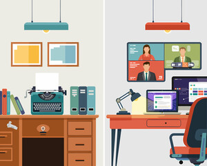 Poster - Vintage vs. Modern Workspace: Typewriter and Video Conference Meeting Flat Vector Illustration